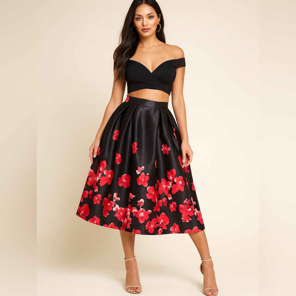 City Chic Black Satin Floral A-Line Midi Skirt | NWT